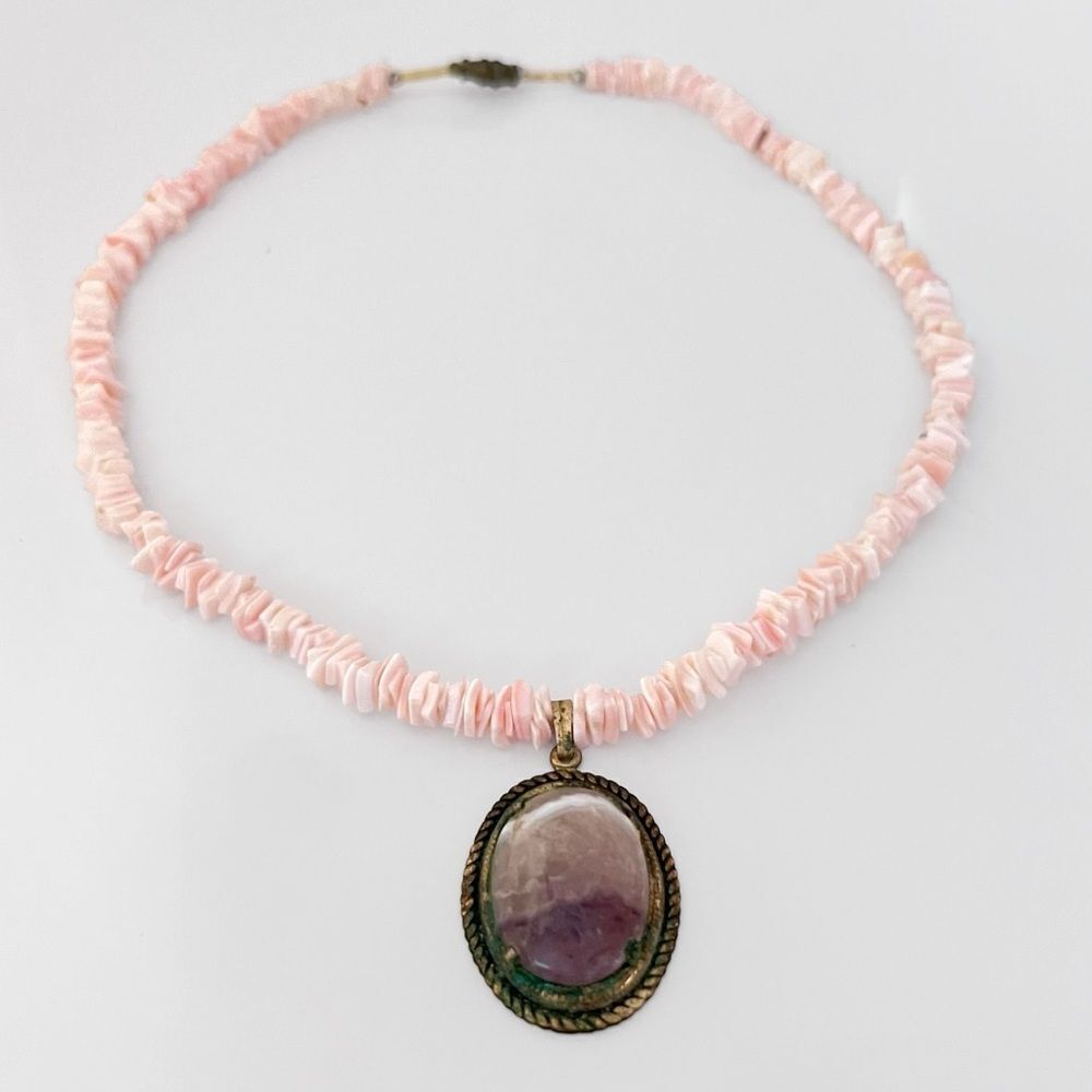 Pink Puka Shell Amethyst Crystal Pendant Necklace